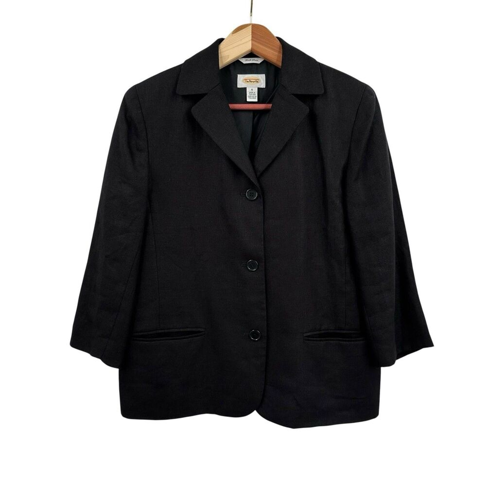 Talbots Jacket 6 Irish Linen Black 3/4 Sleeve Classic Button Notch Collar Lined